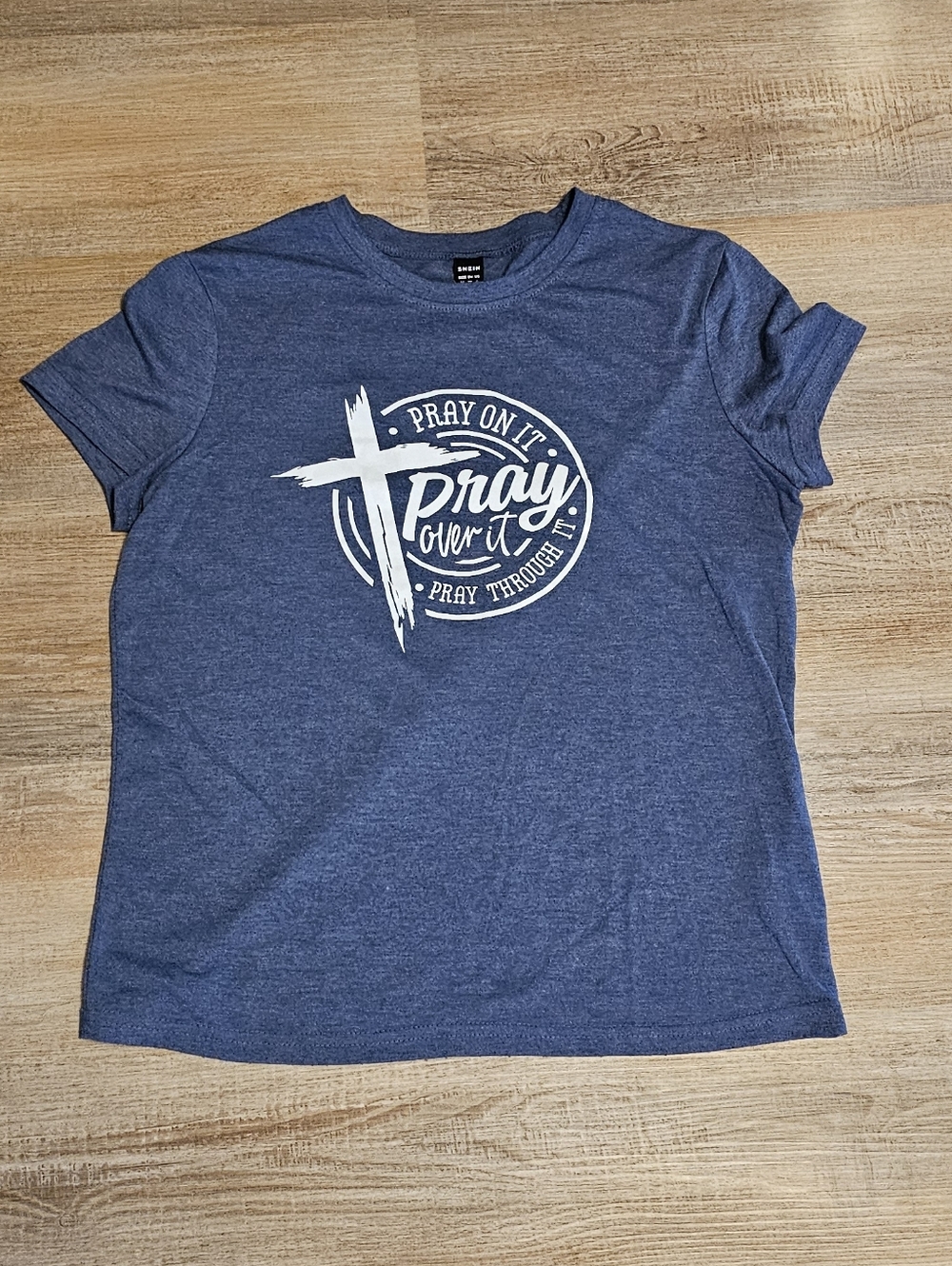 Navy Blue Pray On It Inspirational Christian Graphic Short Sleeve T-Shirt EUC